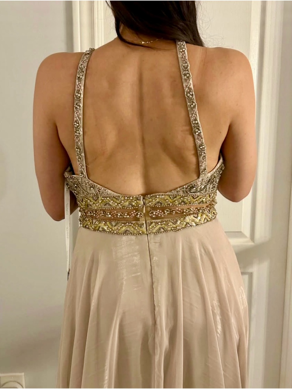 Jovani Beaded Halter Gown in Champagne and Gold Accents size 8 NWT - Picture 2 of 4